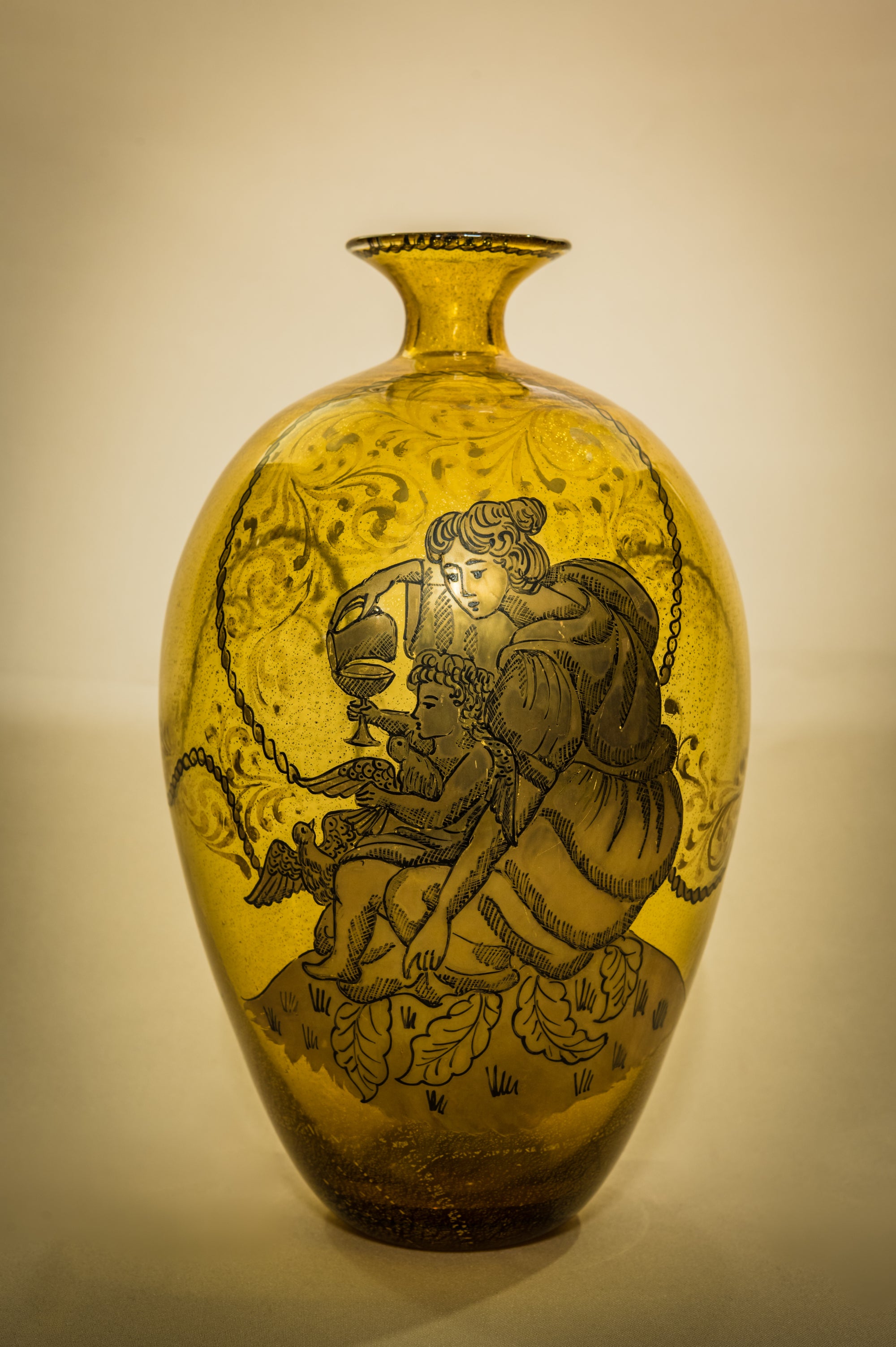 Amber Hand-painted Murano Bottle Neck Vase