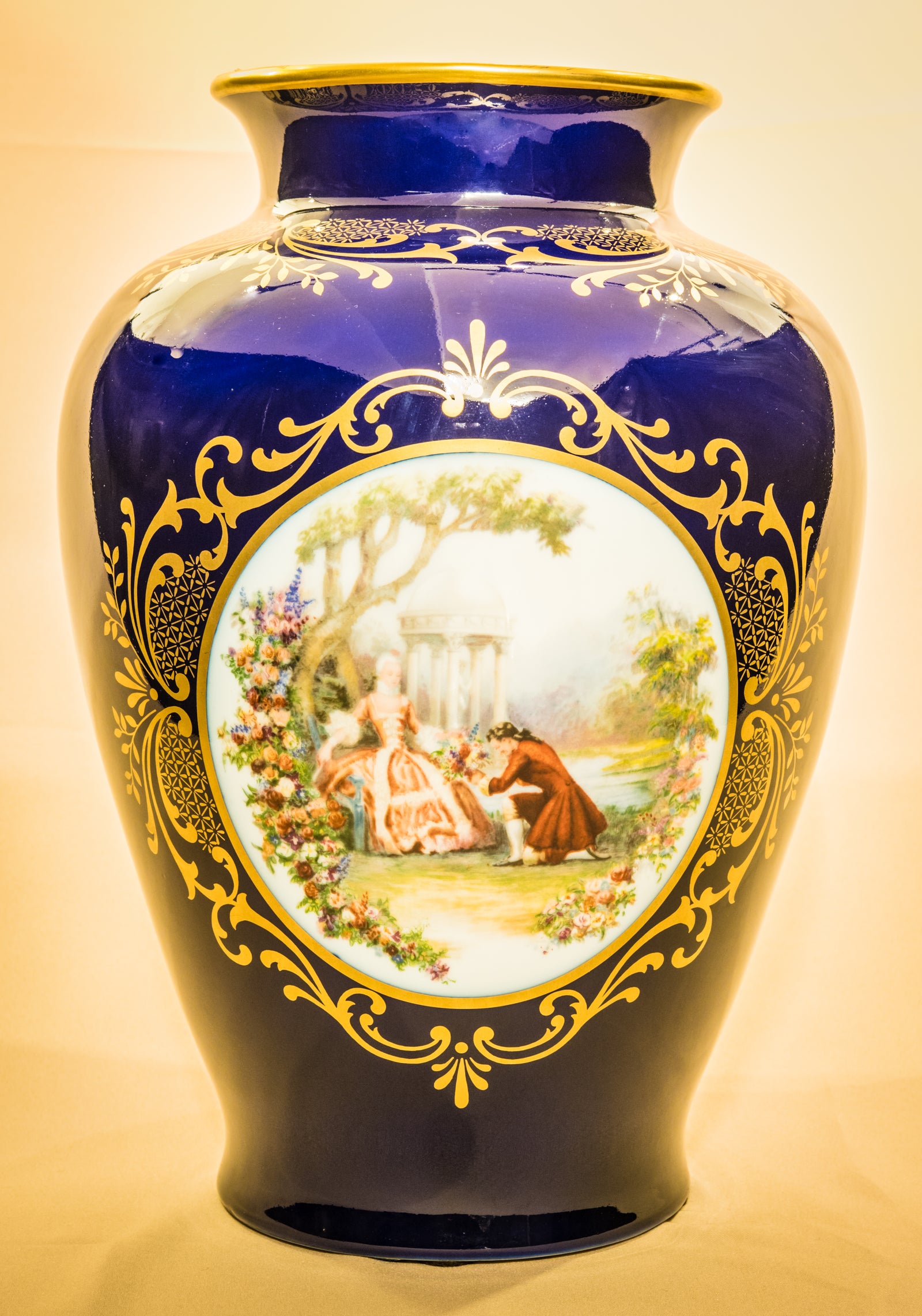 Large Cobalt Blue Porcelain Vase with Rococo Scene