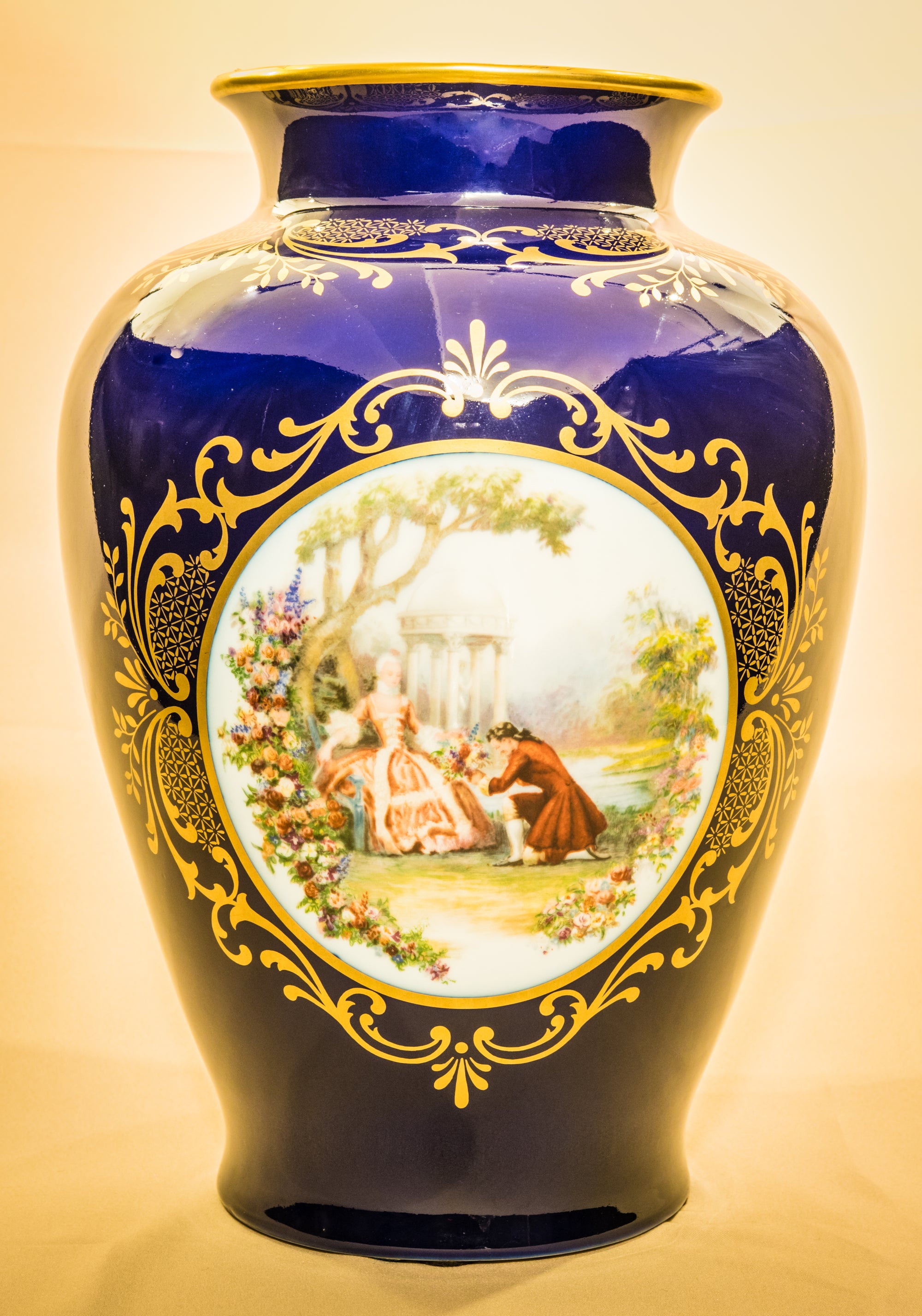 Large Cobalt Blue Porcelain Vase with Rococo Scene