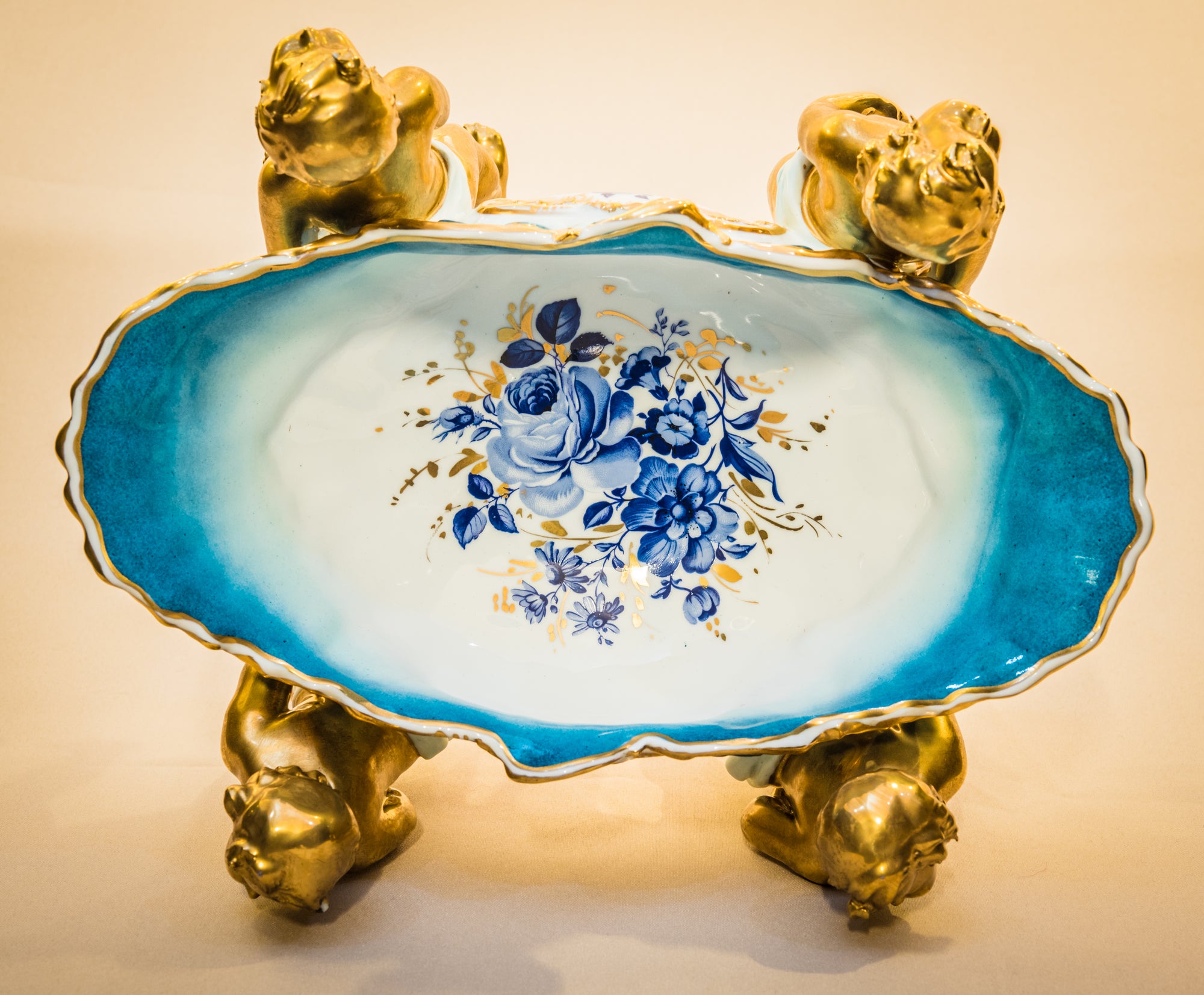 Gilded Footed Oval Putti Bowl
