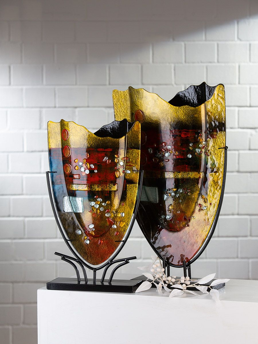 Tall Autumn Leaves Glass Vase on Stand