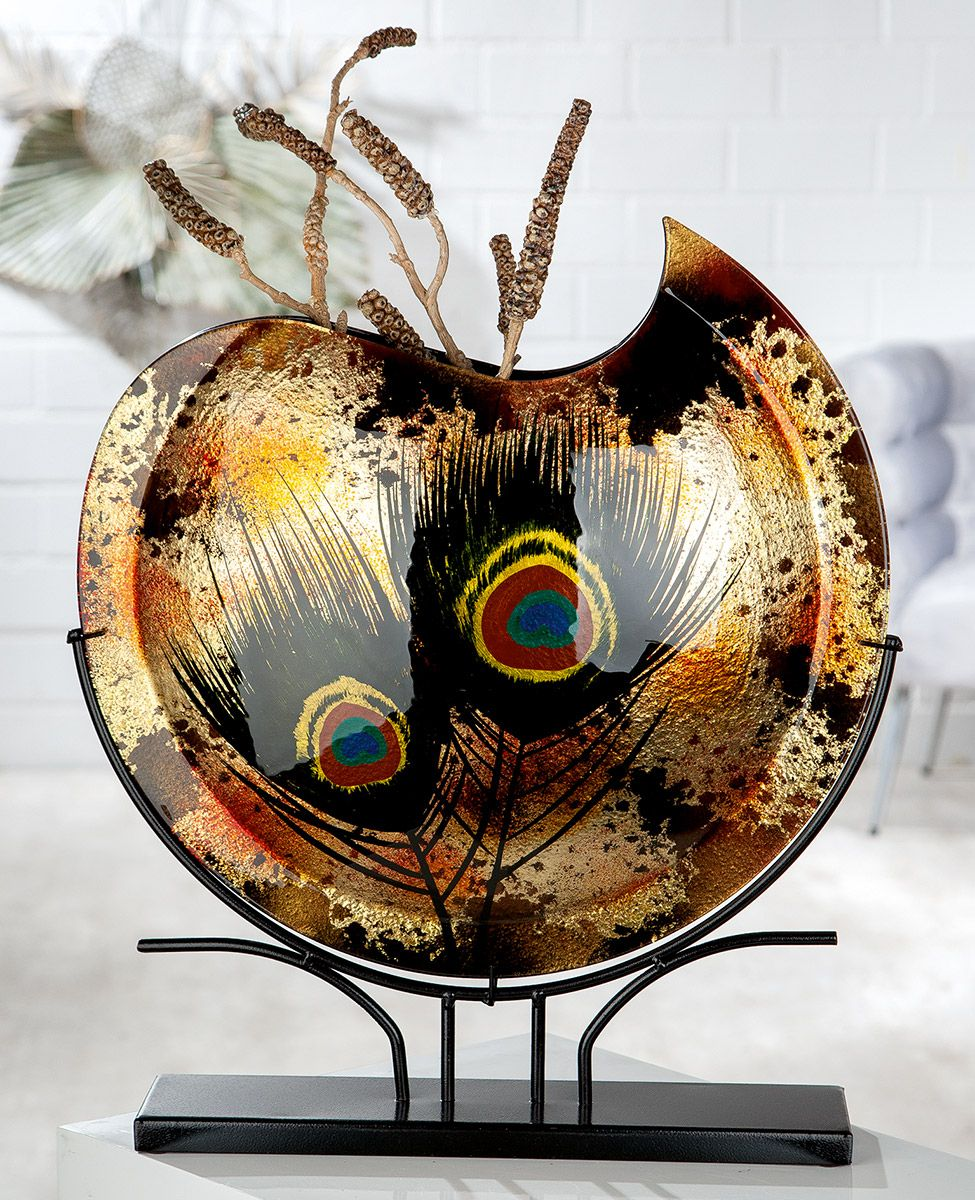 Round Peacock Glass Vase on Stand