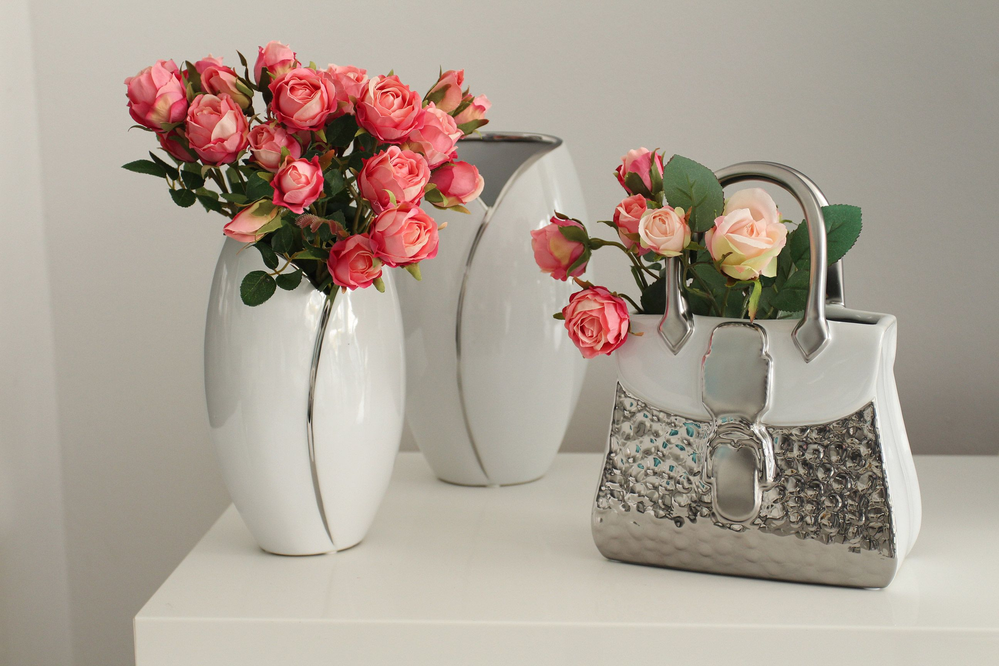 Silver and White Handbag Vase
